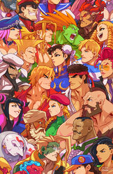  6+boys 6+girls akuma_(street_fighter) alex_(street_fighter) asymmetrical_hair belt_collar beret blanka cammy_white charlie_nash chest_hair chun-li cody_travers collar commentary crimson_viper dark_skin dudley edwin_huang effie_(street_fighter) english_commentary everyone evil_smile eye_contact eyepatch facial_hair final_fight guile hakan hat head_out_of_frame headband hibiki_dan highres juri_han kanzuki_karin kasugano_sakura keffiyeh ken_masters laura_matsuda looking_at_another m._bison marvel_vs._capcom mask mohawk moustache multiple_boys multiple_girls necro_(street_fighter) opposing_sides poison_(final_fight) q_(street_fighter) rainbow_mika rashid_(street_fighter) ryu_(street_fighter) scar smile street_fighter street_fighter_ii_(series) street_fighter_iii_(series) street_fighter_iv_(series) street_fighter_v street_fighter_zero_(series) tattoo turban yang_lee zangief 