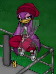  anthro avian biped bird blue_eyes bottomwear breasts cleavage clothed clothing deviantart eyelashes feathers female footwear hat headgear headwear hirundinid non-mammal_breasts oscine outside pants passerine purple_body purple_feathers rondineviola sega shoes sitting solo sonic_riders sonic_the_hedgehog_(series) source_request swallow_(bird) unavailable_at_source watermark wave_the_swallow 