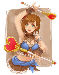  aqua_eyes armlet armpits bad_id bad_pixiv_id breasts brown_hair cleavage collar crop_top female final_fantasy final_fantasy_xi flower gloves hair_flower hair_ornament heart hume jewelry looking_at_viewer medium_breasts midriff mozuyun mumor navel necklace photoshop_(medium) short_hair sleeveless solo wand 