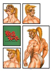  artbook ass back blonde_hair blue_eyes eyepatch fundoshi kain_(sengoku_ace) looking_back muscle mutton_chops official_art ponytail psikyo scar sengoku_ace sengoku_blade smile traditional_media tsukasa_jun 