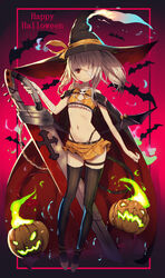  ayanami_(azur_lane) ayanami_(witch_in_ambush)_(azur_lane) azur_lane bandage_over_one_eye bandaged_arm bandages bat_(animal) cape collarbone commentary demon_tail female fire green_fire halloween hat highres holding holding_sword holding_weapon jack-o&#039;-lantern midriff miniskirt misago_(525) navel official_alternate_costume pumpkin red_eyes side_ponytail skirt solo striped_clothes striped_thighhighs sword tail thigh_strap thighhighs thong weapon white_hair witch_hat zettai_ryouiki 