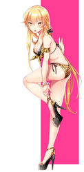  absurdres adjusting_clothes adjusting_shoe adjusting_strap animal_print arm_support ass bikini blonde_hair blush bracelet breasts commentary_request fate/stay_night fate_(series) female flat_ass full_body genderswap_(mtf) gilgamesh_(fate) high_heels highres jewelry leopard_print long_hair looking_at_viewer medium_breasts momoayamo open_mouth orange_eyes print_bikini rule_63 sandals shoes side-tie_bikini_bottom simple_background slit_pupils solo standing standing_on_one_leg swimsuit very_long_hair wet 