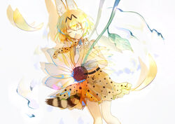  animal_ears bad_id bad_pixiv_id belt blonde_hair bow bowtie breasts closed_eyes female geyegua hair_between_eyes kemono_friends medium_breasts orange_bow orange_bowtie own_hands_together petals print_bow print_bowtie serval_(kemono_friends) serval_print shirt short_hair skirt sleeveless sleeveless_shirt solo tail transparent_flower two-tone_bowtie white_background white_bow white_bowtie white_shirt yellow_skirt zoom_layer 