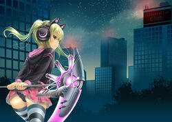  animal_ear_headphones animal_ears ass axent_wear bent_over black_panties cat_ear_headphones cityscape commentary_request cowboy_shot ecou fake_animal_ears female from_behind green_eyes green_hair headphones hood hood_down hoodie long_hair long_sleeves looking_at_viewer looking_back night original outdoors panties pantyshot scythe skirt sky smile solo standing star_(sky) starry_sky striped_clothes striped_thighhighs thighhighs twintails underwear upskirt 