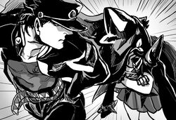  1boy bad_id bad_pixiv_id banchou belt crossed_arms crossover delinquent female gakuran greyscale hat jacket jacket_on_shoulders jojo_no_kimyou_na_bouken kill_la_kill kujo_jotaro leaf looking_back mankanshoku_mako monochrome photoshop_(medium) pleated_skirt school_uniform short_hair skirt spikes stardust11 trait_connection under_another&#039;s_clothes 