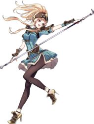  arm_guards armor blonde_hair breasts bridal_gauntlets brown_eyes clair_(fire_emblem) commentary_request dress female fire_emblem fire_emblem_echoes:_shadows_of_valentia fire_emblem_gaiden fire_emblem_heroes full_body gloves helmet high_heels highres holding holding_weapon leggings long_hair looking_away medium_breasts official_art open_mouth polearm ponytail shoes short_dress shoulder_armor smile solo spear takagi_masafumi transparent_background weapon 