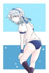  alternate_costume ass back blue_buruma blue_eyes blush braid buruma commentary_request female grey_hair gym_uniform hairband highres izayoi_sakuya looking_back ponke short_hair socks solo touhou twin_braids 