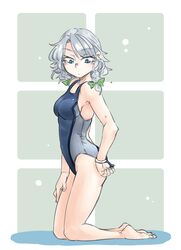  adjusting_clothes adjusting_swimsuit bare_shoulders blue_eyes braid breasts commentary_request competition_swimsuit female grey_hair highres izayoi_sakuya kneeling medium_breasts one-piece_swimsuit ponke ribbon short_hair solo swimsuit touhou twin_braids 