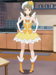  anime_screenshot bare_shoulders boots brown_eyes brown_hair cosplay elbow_gloves faucet female gloves hair_bobbles hair_ornament hat highres ichimiya_touko kitchen long_hair magical_flowers magical_girl mimosa_yellow mimosa_yellow_(cosplay) photoshop_(medium) pot servant_x_service solo stove wings 