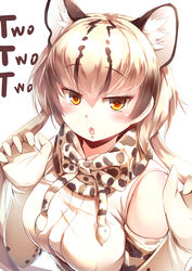  absurdres animal_ears bare_shoulders blonde_hair blush brown_hair claw_pose commentary_request elbow_gloves extra_ears female gloves hair_between_eyes highres kanzakietc kemono_friends looking_at_viewer multicolored_hair ocelot_(kemono_friends) ocelot_print oerba_yun_fang open_mouth orange_eyes print_gloves shirt short_hair_with_long_locks sleeveless sleeveless_shirt solo upper_body white_shirt 