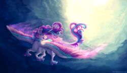  2016 9de-light6 absurd_res alicorn blue_eyes cloud cutie_mark equid equine feathered_wings feathers female feral flurry_heart_(mlp) flying friendship_is_magic fur glowing hair hasbro hi_res horn mammal multicolored_body multicolored_feathers multicolored_hair my_little_pony mythological_creature mythological_equine mythology outside sky smile solo spread_wings sun white_body white_fur wings young 