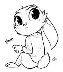  2017 alec8ter anthro barefoot better_version_at_source black_and_white blush canid canine clothed clothing conditional_dnp disney english_text fan_character feet female fox hi_res hybrid lagomorph leporid looking_back mammal monochrome rabbit rear_view signature simple_background sitting solo text violet_(zootopia) white_background zootopia 