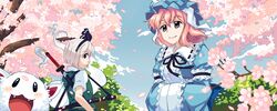  2girls bad_id bad_pixiv_id canine cherry_blossoms green_eyes hairband hat katana konpaku_youmu konpaku_youmu_(ghost) looking_at_viewer mob_cap multiple_girls petals pink_eyes pink_hair saigyouji_yuyuko short_hair smile sword takezaka_tarou touhou weapon white_hair wind 