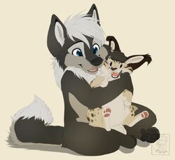  ambiguous_gender anthro canid canine canis duo felid feline feral fur hair hug lynx maid. male mammal nightdancer_(character) nude plushie sitting smile wolf young young_ambiguous young_anthro young_feral young_male zaire_(nightdancer) 