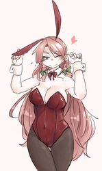  animal_ears black_pantyhose blue_eyes bow bowtie braid breasts cleavage commentary_request fake_animal_ears female heart hong_meiling large_breasts leotard long_hair pantyhose playboy_bunny ponke rabbit_ears red_hair red_leotard smile solo touhou twin_braids wrist_cuffs 