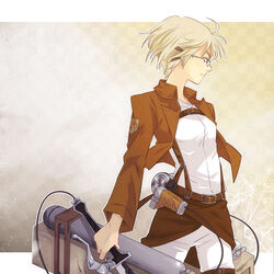  areri belt blonde_hair commentary_request emblem female garrison_regiment_(emblem) glasses jacket paradis_military_uniform rico_brzenska shingeki_no_kyojin short_hair solo thigh_strap 