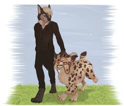  ambiguous_gender anthro bridle canid canine canis clothed clothing duo felid feline feral lynx maid. male mammal nightdancer_(character) reins smile standing wolf zaire_(nightdancer) 