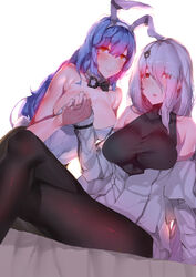  2girls :o albino animal_ears assault_rifle backlighting bare_shoulders bear_hair_ornament bullpup collarbone commentary crossed_legs detached_collar fake_animal_ears girls&#039;_frontline gun hair_ornament highres holding_hands iwi_tavor long_hair machine_gun multiple_girls orange_eyes pale_skin pantyhose pk_(girls&#039;_frontline) pkm playboy_bunny rabbit_ears red_eyes rifle sitting smile tar-21_(girls&#039;_frontline) weapon white_hair yueqin_(monnpiano) 