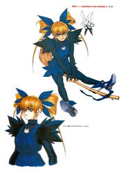  artbook black_legwear blonde_hair blue_dress blue_eyes broom broom_riding bunny dress gunbird hair_ribbon junis marion_(cosplay) official_art pocket_watch pomupomu psikyo ribbon sengoku_ace sengoku_blade traditional_media tsukasa_jun watch 