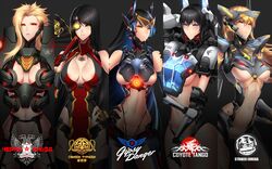  5girls armor bad_id bad_pixiv_id black_hair blonde_hair blue_eyes blue_hair breasts character_name cherno_alpha cleavage cleavage_cutout clothing_cutout coyote_tango crest crimson_typhoon cyborg feet_out_of_frame gipsy_danger hand_fan hand_on_own_hip highres jaeger_(pacific_rim) large_breasts long_hair looking_at_viewer mecha_musume medium_breasts mullet multicolored_hair multiple_girls pacific_rim personification red_eyes science_fiction sigm@ striker_eureka upper_body yellow_eyes 