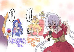  3girls apple blue_hair bow cinderella_(grimm) cloak closed_eyes commentary_request crossed_arms food fruit glass_slipper hairbow jewelry kazanari_tsubasa kouji_(kari) microphone multiple_girls music necklace noise_(symphogear) one_side_up open_hand open_mouth pearl_necklace poison_apple purple_hair red_bow senki_zesshou_symphogear singing snow_white tachibana_hibiki_(symphogear) translation_request twintails yukine_chris 