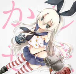  anchor anchor_hair_ornament bad_id bad_pixiv_id blonde_hair blush female fulunukko grey_eyes hair_ornament hairband kantai_collection lifebuoy long_hair looking_at_viewer midriff navel rensouhou-chan shimakaze_(kancolle) solo striped_clothes striped_thighhighs swim_ring thighhighs 