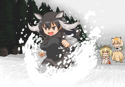  3girls :d animal_ears antlers blonde_hair breasts brown_eyes brown_hair cold commentary_request derivative_work flying_sweatdrops gloves hair_between_eyes horns jaguar_(kemono_friends) jaguar_ears kemono_friends large_breasts lion_(kemono_friends) lion_ears long_hair long_sleeves moose_(kemono_friends) moose_ears moose_tail multiple_girls neri_gozu open_mouth pleated_skirt scarf short_hair skirt smile snow tail trembling v-shaped_eyebrows 