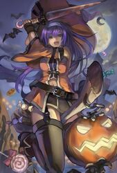  bat_(animal) belt black_gloves black_thighhighs blue_hair broom broom_riding candy clothing_cutout commentary_request detached_sleeves female fingerless_gloves fire_emblem fire_emblem:_path_of_radiance fire_emblem_heroes food full_moon gloves green_eyes halloween halloween_costume hat headband highres jack-o&#039;-lantern lollipop long_hair mai_yukari mia_(fire_emblem) mia_(halloween)_(fire_emblem) moon navel_cutout night night_sky open_mouth sky solo thighhighs white_headband witch_hat 