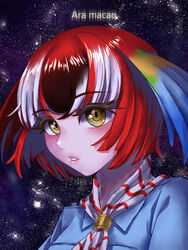  bad_id bad_pixiv_id black_hair feathered_wings female highres kemono_friends multicolored_hair night night_sky portrait red_hair scarlet_macaw_(kemono_friends) scientific_name sky solo star_(sky) teddyellow teeth white_hair wings yellow_eyes 