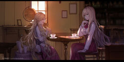  2girls :d arianrhod_(eiyuu_densetsu) blonde_hair book bookshelf braid bread chair closed_mouth collared_shirt commentary cup day eiyuu_densetsu eye_contact food globe green_eyes hair_between_eyes hand_up highres holding holding_food indoors letterboxed long_hair looking_at_another multiple_girls oerba_yun_fang on_chair open_mouth photoshop_(medium) profile red_eyes red_skirt roselia_millstein saucer sen_no_kiseki shirt side_braid single_braid sitting skirt smile sunlight swd3e2 table tea teacup very_long_hair white_shirt window 