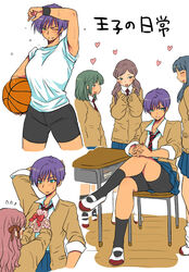  5girls ball basketball basketball_(object) bike_shorts blue_hair breasts brown_hair cardigan commentary_request crossed_legs desk eroe flying_sweatdrops gift_bag green_eyes green_hair gym_uniform hair_ribbon heart highres large_breasts long_hair multiple_girls multiple_views necktie open_cardigan open_clothes original photoshop_(medium) pink_hair purple_hair ribbon school_desk school_uniform serafuku shoes short_hair shorts shorts_under_skirt sitting skirt uwabaki wiping_forehead wiping_sweat 