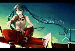  commentary_request copyright_name crimsonseed female gloves goggles goggles_around_neck green_eyes green_hair hatsune_miku letterboxed long_hair sitting solo twintails very_long_hair vocaloid 