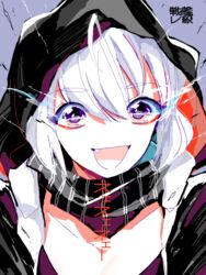  :d abyssal_ship ahoge commentary_request female hood hoodie kan_(tachi) kantai_collection oerba_yun_fang open_mouth pale_skin pink_eyes re-class_battleship scarf smile solo translated upper_body white_hair 