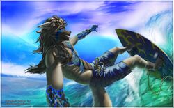  anthro aurora_(phenomenon) canid canine canis clothing frutiger_aero hair hnz kowareta_ookami long_hair male mammal photo sea sky smile solo sport surfboard surfing swimming_trunks swimwear water wolf 