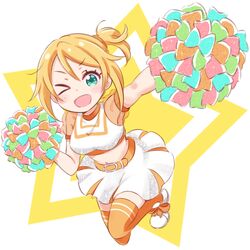  &gt;_o ;d bad_id bad_tumblr_id belt blonde_hair blue_eyes bow check_(check_book) cheerleader cocoro_magical female footwear_bow midriff navel nonohara_hime one_eye_closed open_mouth orange_thighhighs pom_pom_(cheerleading) scrunchie see-through see-through_sleeves shoes side_ponytail skirt smile solo star_(symbol) thighhighs tokyo_7th_sisters v-shaped_eyebrows 