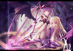  2girls alternate_costume bare_legs barefoot bat_wings black_panties blonde_hair commentary_request corset crossover guilty_crown hat hat_ribbon legs_up letterboxed light_purple_hair lingerie long_hair magic_circle multiple_girls negligee panties photoshop_(medium) pink_eyes polearm present_(guilty_crown) remilia_scarlet ribbon see-through sitting spear touhou underwear very_long_hair wangchuan_de_quanyan watermark weapon wings wrist_cuffs 