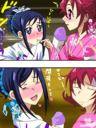  2girls :d :t =_= aida_mana alternate_costume alternate_hairstyle blue_eyes blue_hair blush commentary_request cup dokidoki!_precure eating eyelashes feeding food hair_up happy heart highres hishikawa_rikka japanese_clothes karuta_(karuta01) kenzaki_makoto kimono multiple_girls open_mouth pink_eyes pink_hair precure rakeru_(dokidoki!_precure) sharuru_(dokidoki!_precure) shaved_ice shoving smile turn_pale yukata yuri 