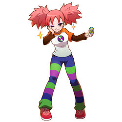  big_hair breasts brown_eyes capcom commentary_request compact_(cosmetics) eyeshadow female full_body hand_on_own_cheek hand_on_own_face holding layered_sleeves legs_apart long_sleeves makeup medium_breasts mega_man_(series) mega_man_battle_network_(series) mega_man_battle_network_1 mikan_(aquacomet) ms._madd_(mega_man) pants photoshop_(medium) pink_hair raglan_sleeves red_footwear shirt shoes short_over_long_sleeves short_sleeves simple_background smile sneakers solo sparkle standing striped_clothes striped_pants t-shirt twintails white_background 