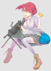  blue_eyes boots commentary_request eating female fuyou_mariko fuyuno_haruaki glasses grey_background gun highres holding holding_weapon light_machine_gun little_armory looking_at_viewer m249 machine_gun pink_hair simple_background skirt solo thighhighs weapon 