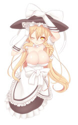  blonde_hair bow braid breasts cleavage commentary_request female gloves hat hat_bow invincible_marisa kirisame_marisa kuresento large_breasts long_hair new_super_marisa_land one_eye_closed ribbon single_braid smile solo touhou very_long_hair white_bow white_gloves witch_hat yellow_eyes 