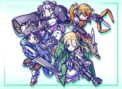  4girls :&lt; beam_rifle black_hair black_legwear blonde_hair blue_eyes china_dress chinese_clothes claw_(weapon) commentary_request dagger double_bun dragon_girl dragon_horns dragon_tail dress energy_gun gloves green_eyes grey_hair gun gundam gundam_00 gundam_dynames gundam_exia gundam_kyrios gundam_virtue hair_between_eyes hair_bun haku_(p&amp;d) horns ishiyumi karin_(p&amp;d) knife leilan_(p&amp;d) long_hair mecha_musume meimei_(p&amp;d) multicolored_hair multiple_girls oerba_yun_fang off_shoulder one_eye_closed open_mouth orange_hair pantyhose purple_gloves purple_hair puzzle_&amp;_dragons reverse_grip rifle side_ponytail smile sniper_rifle sword tail thighhighs two-tone_hair weapon 