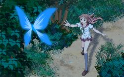  akai_ito blue_butterfly brown_eyes brown_hair bug butterfly chasing commentary_request female foreshortening fuyuki hatou_kei kneehighs long_hair plant reaching reaching_towards_viewer school_uniform shirt shoes socks tree twintails white_shirt 