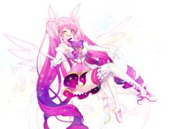  ;d aisha_landar back_bow blanket_(kkbjah) boots bow commentary_request curly_hair drill_hair drill_sidelocks elbow_gloves elsword female full_body gloves gradient_hair hair_ornament long_hair looking_at_viewer magical_girl metamorphy_(elsword) multicolored_hair one_eye_closed open_mouth pink_hair purple_bow purple_eyes purple_hair sidelocks simple_background smile solo sparkle thigh_boots thighhighs twintails white_background white_footwear white_gloves white_wings wings 