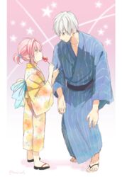  1boy bad_id bad_pixiv_id beelzebub_(manga) blush candy_apple clothes_grab eating female food full_body furuichi_takayuki green_eyes hair_bobbles hair_ornament height_difference hoshiimo_(ptm2) japanese_clothes kimono lamia_(beelzebub) looking_at_another pink_hair ponytail sandals short_hair sleeve_grab squatting star_(symbol) white_hair yukata 