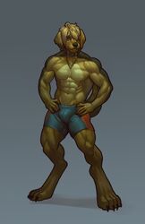  abs absurd_res anthro athletic barefoot biceps biped blazingifrit blonde_hair bottomwear brown_body brown_fur bulge canid canine canis claws clothed clothing domestic_dog feet fur gideon_(tluuvyen) hair hi_res male mammal muscular muscular_anthro paws pecs shorts solo standing tan_body tan_fur toe_claws topless 