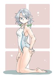  adjusting_clothes adjusting_swimsuit bare_shoulders blue_eyes bracelet braid breasts commentary_request competition_swimsuit female grey_hair highres izayoi_sakuya jewelry kneeling medium_breasts one-piece_swimsuit ponke ribbon short_hair solo swimsuit touhou twin_braids white_one-piece_swimsuit 