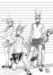  5boys ;) abs absurdres animal_ears apron axis_powers_hetalia bare_pectorals blush bow bowtie choker denmark_(hetalia) detached_collar fake_animal_ears finland_(hetalia) flying_sweatdrops glasses greyscale grin hand_on_own_chin hiding hiding_behind_another highres himaruya_hidekazu holding iceland_(hetalia) kneeling looking_at_viewer male_playboy_bunny monochrome multiple_boys navel necktie no_nipples norway_(hetalia) official_art on_one_knee one_eye_closed pectorals rabbit_ears rabbit_tail ribbon shadow short_hair smile standing sweden_(hetalia) tail topless_male waist_apron wrist_cuffs 