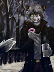  3:4 5_fingers anthro belt black_body black_fur blurred_background breath clothed clothing coat container cup dessert disposable_cup domestic_cat doughnut ear_piercing entsk felid feline felis fingers food front_view fully_clothed fur green_eyes grey_body grey_fur grey_hair hair half-length_portrait hi_res holding_container holding_cup holding_food holding_object licking licking_lips licking_own_lips male mammal night outside pastry piercing plant portrait self_lick shirt short_hair sky snow solo spots starbucks steam tiffico tongue tongue_out topwear tree 