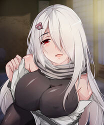  bare_shoulders bear_hair_ornament blush breast_hold breasts chinese_commentary cleavage commentary_request covered_nipples eyebrows female girls&#039;_frontline hair_ornament hair_over_one_eye highres large_breasts long_hair looking_at_viewer pk_(girls&#039;_frontline) pov red_eyes scarf smile very_long_hair white_hair zuo_wei_er 