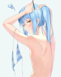  1other adult akgrn ambiguous_sex androgynous bikini_top_removed blue_hair blush embarrassed flat_chest rimuru_tempest sexless tensei_shitara_slime_datta_ken true_flat_chest yellow_eyes 